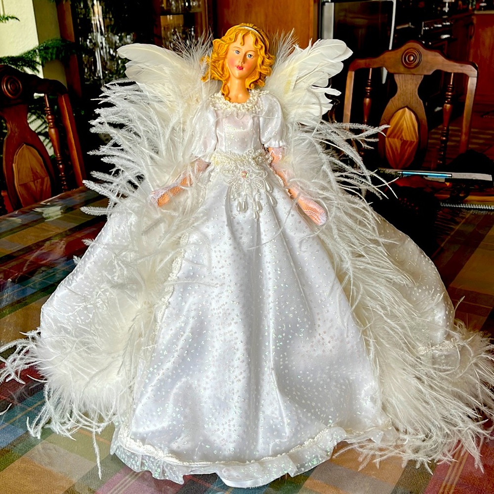Tree or table top 17” angel adorned with feathers, pearls, and glittery tulle.